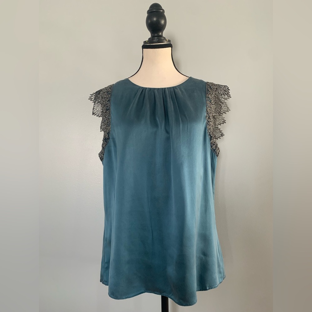 Teal Blue 100% Silk Blouse with Silver Lace Detail, Sz L